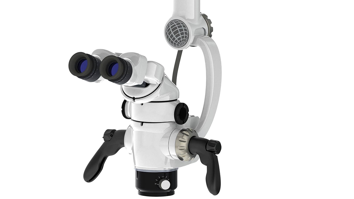 Surgical microscope with dual optics and handles.